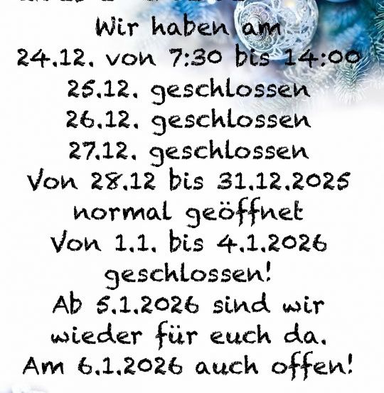 Postkarte mit Weihnachtsdekoration. Es kündigt die Schließung vom 24. bis 27. Dezember 2025 an. Geöffnet vom 28. bis 31. Dezember 2025. Geschlossen vom 1. bis 4. Januar 2026. Wiedereröffnung am 5. Januar 2026 und offen am 6. Januar 2026. Team vom Vintage Cafe wünscht Frohe Weihnachten und ein gutes neues Jahr.