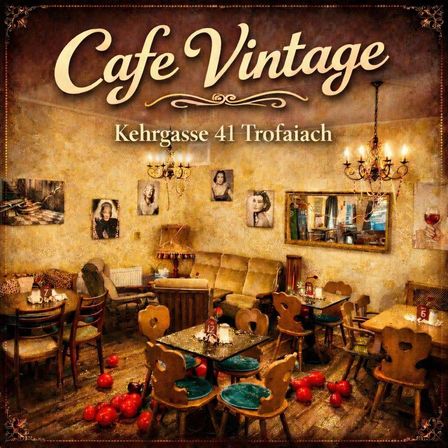 Ein Vintage-Cafe-Interieur mit Holztischen, Stühlen und warmer gelber Beleuchtung. Die Wände sind mit Vintage-Fotos und einem Spiegel dekoriert. Der Boden ist mit roten Äpfeln bedeckt.