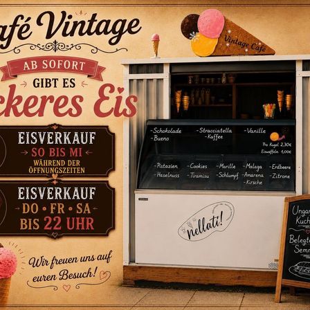 Vintage Café Schild mit Eisbechern oben, Menütafel mit Eissorten, Kreidetafel-Menü und Eisbecher links.