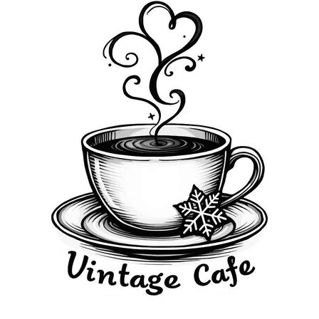 Eine stilisierte Zeichnung einer Kaffeetasse mit Dampf und einem Schneeflocken auf einer Untertasse, mit den Worten 'Vintage Cafe' darunter. Die Tasse ist mit dunkler Flüssigkeit gefüllt, möglicherweise Kaffee.
