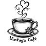 Eine stilisierte Zeichnung einer Kaffeetasse mit Dampf und einem Schneeflocken auf einer Untertasse, mit den Worten 'Vintage Cafe' darunter. Die Tasse ist mit dunkler Flüssigkeit gefüllt, möglicherweise Kaffee.