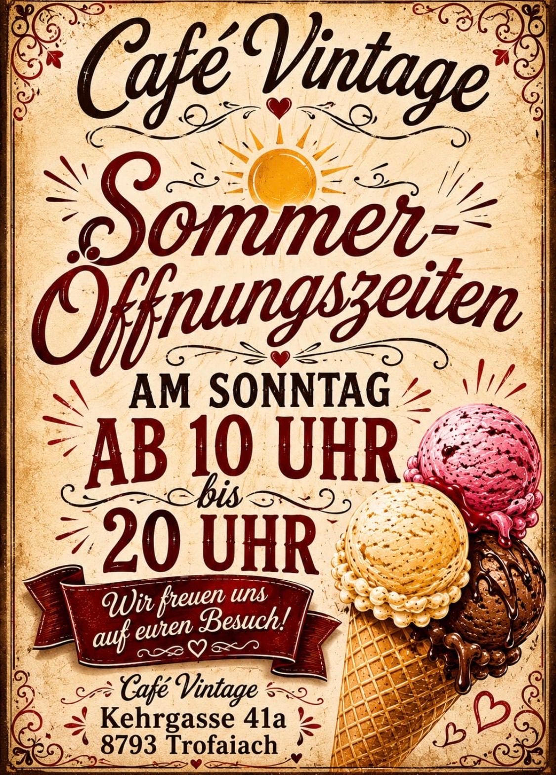 A poster advertising summer opening hours from 10 AM to 8 PM on Sunday with a sun and three ice cream cones in the foreground.