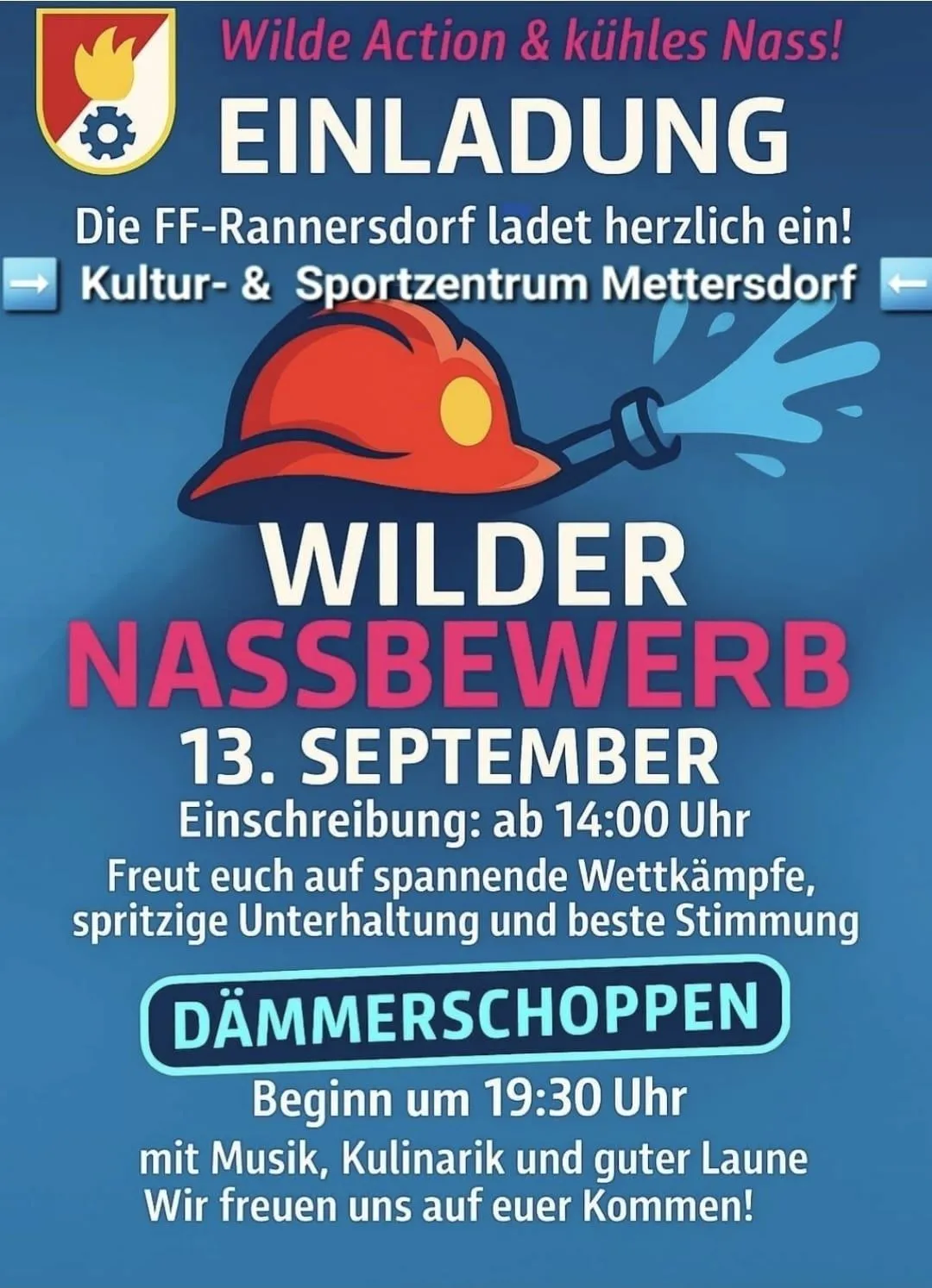 Ein Plakat für die Veranstaltung Wilder Nassbewerb am 13. September, Anmeldung ab 14:00 Uhr. Es verspricht spannende Wettkämpfe, wasserbasierte Unterhaltung und die beste Stimmung. Dämmerschoppen beginnt um 19:30 Uhr.