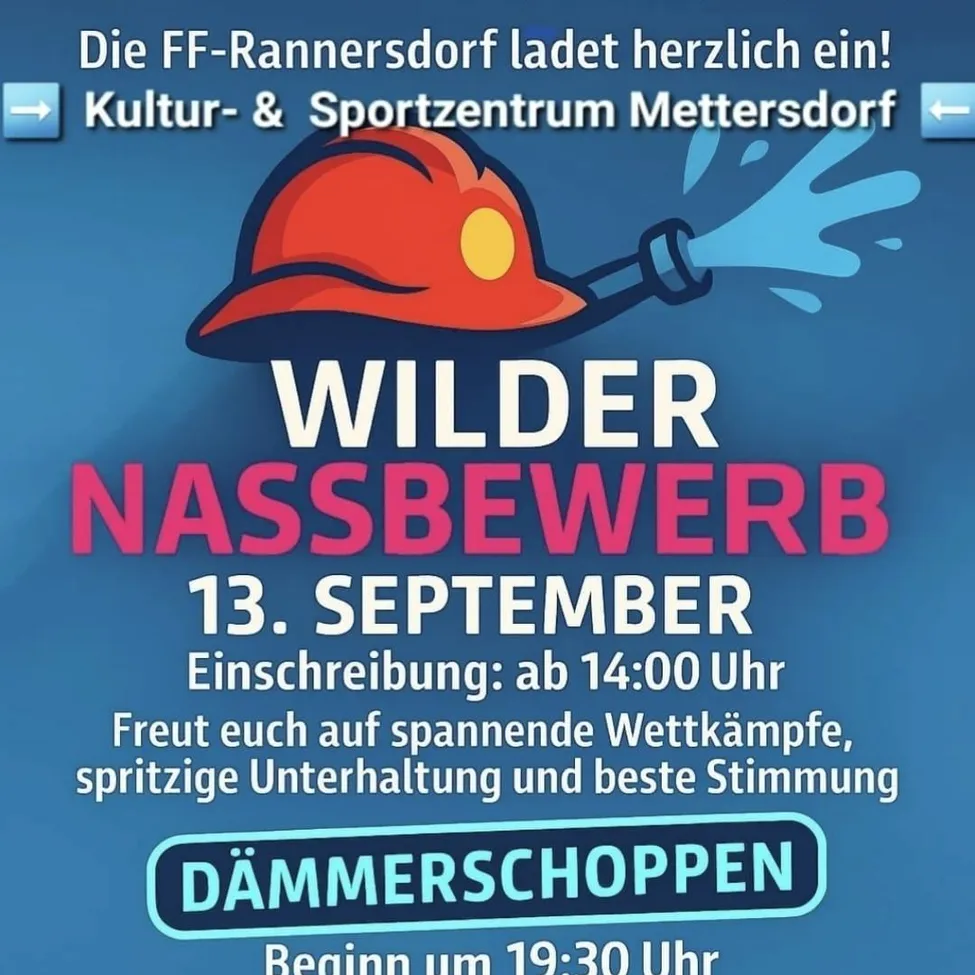 Ein Plakat für die Veranstaltung Wilder Nassbewerb am 13. September, Anmeldung ab 14:00 Uhr. Es verspricht spannende Wettkämpfe, wasserbasierte Unterhaltung und die beste Stimmung. Dämmerschoppen beginnt um 19:30 Uhr.
