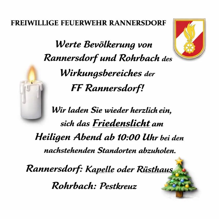 Plakat der Freiwilligen Feuerwehr Rannersdorf. Eine Kerze ist abgebildet, mit einem Logo und Text auf Deutsch. Einladung zum Abholen von Friedenskerzen an bestimmten Orten am Heiligen Abend um 22 Uhr.