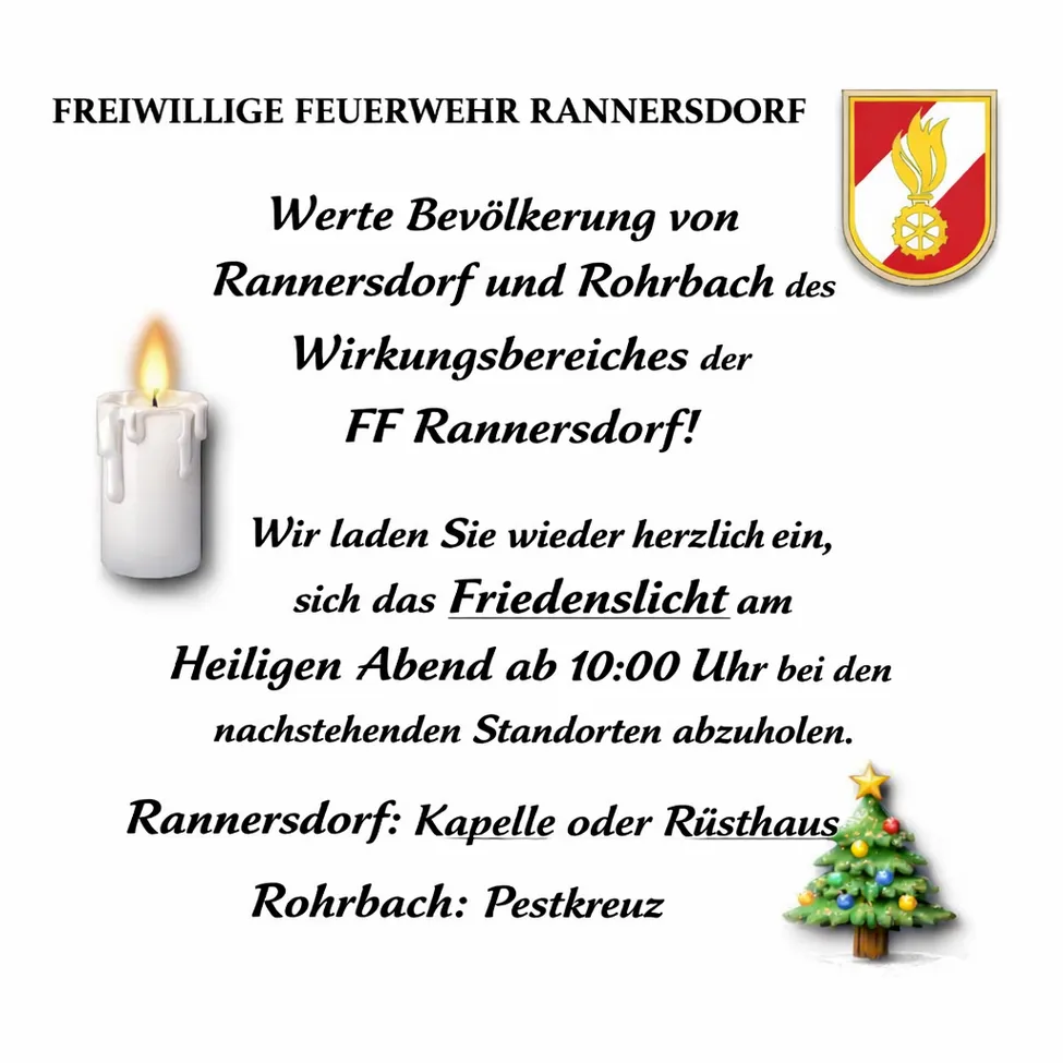 Plakat der Freiwilligen Feuerwehr Rannersdorf. Eine Kerze ist abgebildet, mit einem Logo und Text auf Deutsch. Einladung zum Abholen von Friedenskerzen an bestimmten Orten am Heiligen Abend um 22 Uhr.