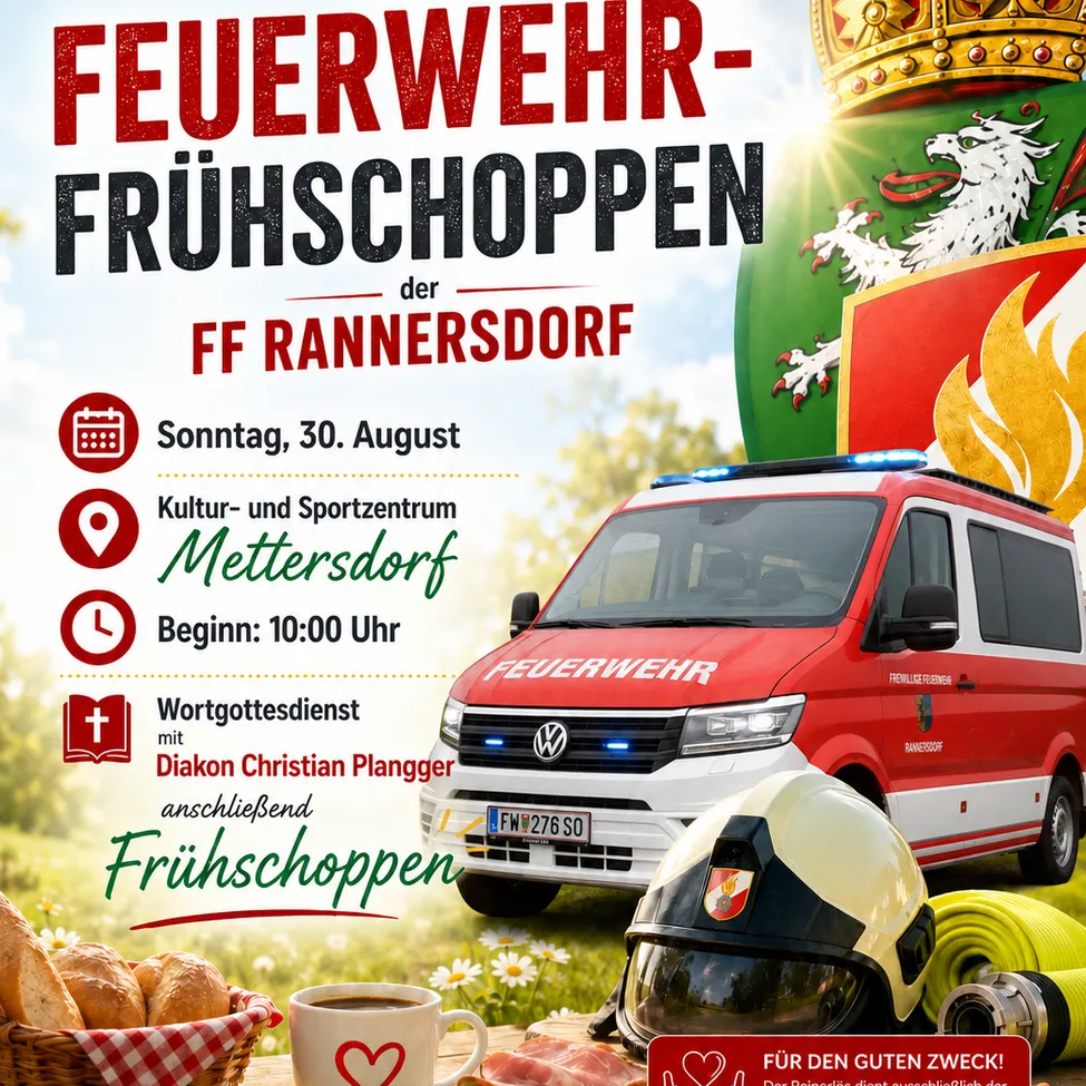 Ein Plakat für das Frühstücksevent der Feuerwehr FF Rannersdorf am 30. August im Mettersdorfer Kultur- und Sportzentrum. Das Plakat zeigt einen Feuerwehrwagen, einen Helm und einen Korb mit Brot.