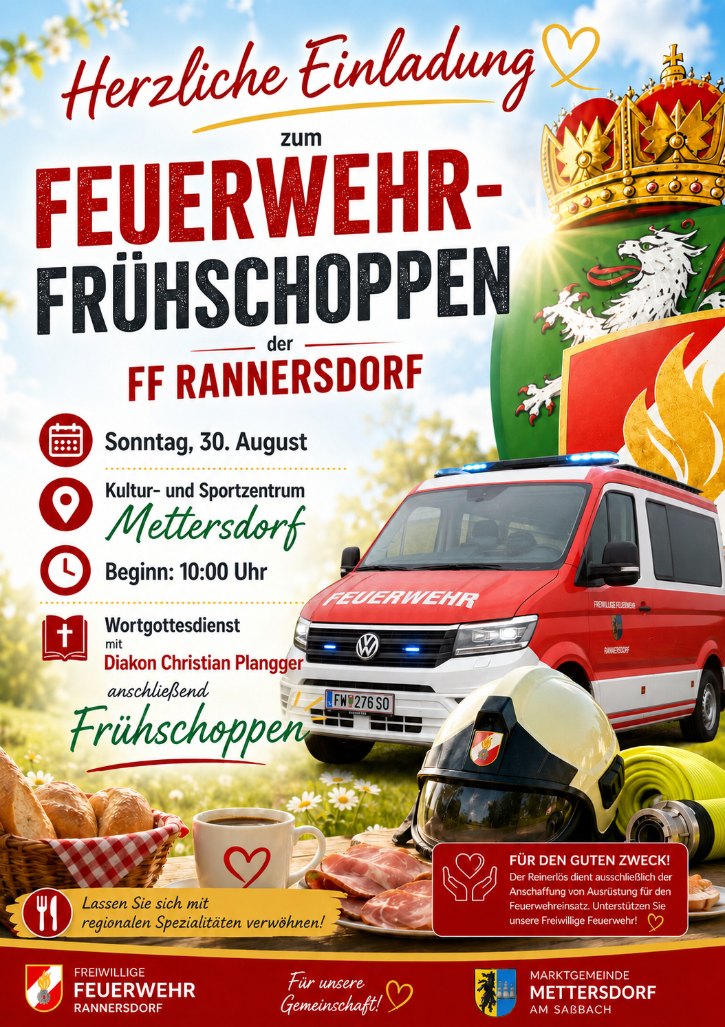 A poster for the FF Rannersdorf fire department's breakfast event on August 30th at the Mettersdorf cultural and sports center. The poster features a fire truck, a helmet, and a basket of bread.
