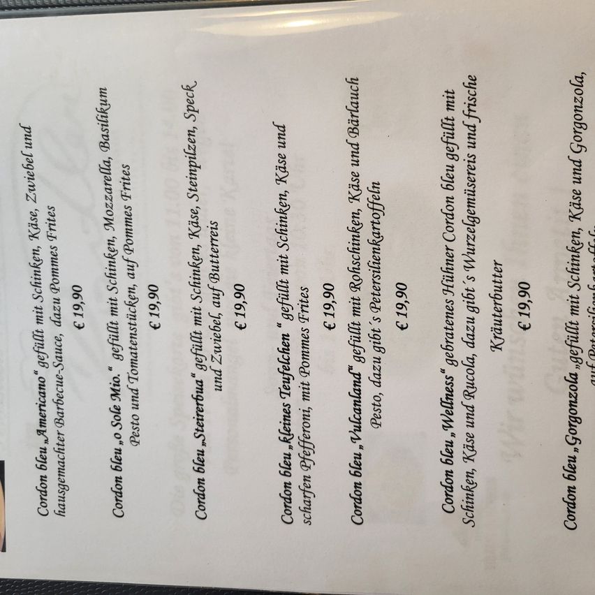 A menu with various food items listed, including Cordon Bleu, Mozzarella, and Gorgonzola, along with their prices.