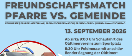 Plakat für eine Veranstaltung am 13. September 2026 mit einem Krankenwagen, Fußballspielern und einem Traktor. Die Veranstaltung beinhaltet eine Feldmessung, Fahrzeuginspektion und einen Traktorrennen.