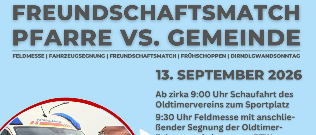 Plakat für eine Veranstaltung am 13. September 2026 mit einem Krankenwagen, Fußballspielern und einem Traktor. Die Veranstaltung beinhaltet eine Feldmessung, Fahrzeuginspektion und einen Traktorrennen.