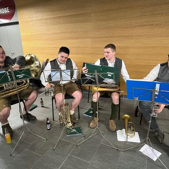Bild enthält, Horn, Musical Instrument, Tuba, Adult, Male, Man, Person, Glasses, Group Performance, Musician