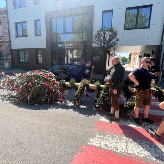 Eine Gruppe von Männern trägt einen Weihnachtsbaum auf einer Straße vor einem Gebäude mit Glasfenstern und einem Schild, das 'Gemeinde' steht.