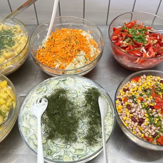 Eine Auswahl an Salaten auf einem Tisch, darunter Gurken-, Karotten-, Tomaten-, Kartoffel- und Bohnensalate, mit Kräutern garniert und in Glaschüsseln serviert.