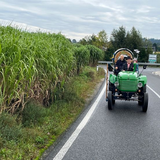Zwei Personen in einem grünen Traktor fahren eine Straße entlang, mit hoher Grasfläche an der Seite.