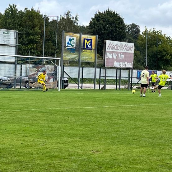 Fußballspieler in gelben Trikots spielen auf einem grünen Feld. Ein Spieler tritt den Ball. Im Hintergrund befinden sich Werbetafeln, eine davon trägt den Text 'Media Markt'.