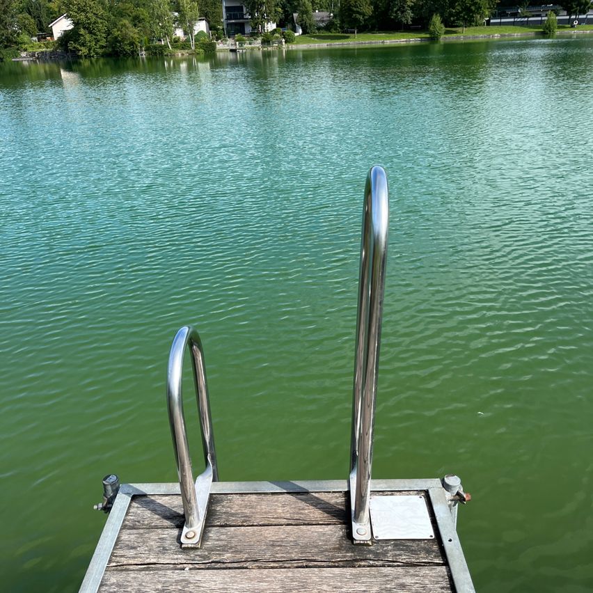 Ein Steg mit zwei Metallhandläufen erstreckt sich in einen ruhigen See mit klarem grünem Wasser. Bäume und Gebäude sind im Hintergrund sichtbar.