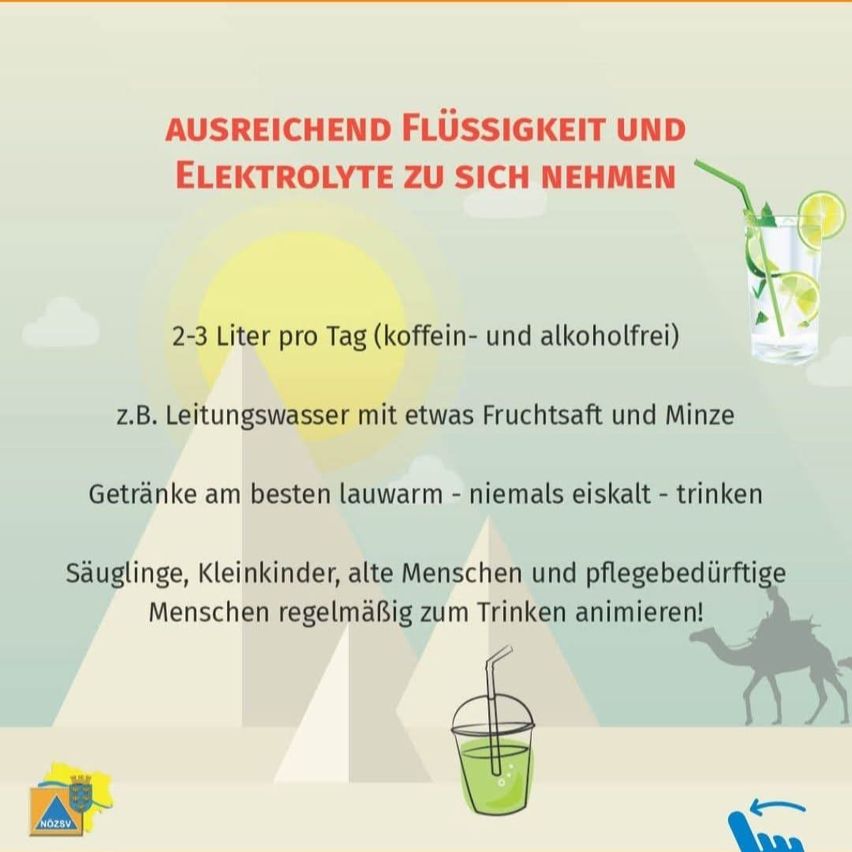 Infografik, die empfiehlt, täglich 2-3 Liter koffein- und alkoholfreie Flüssigkeiten zu trinken. Empfiehlt, Getränke auf Raumtemperatur zu trinken, niemals eiskalt. Säuglinge, Kleinkinder, ältere Menschen und pflegebedürftige Menschen sollten regelmäßig zum Trinken ermutigt werden.