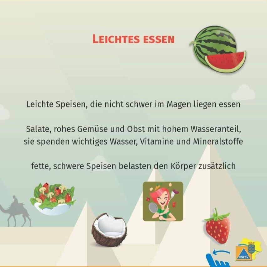 Ein Bild zeigt Tipps zum leichten Essen. Es hebt Salate, rohes Gemüse und Obst mit hohem Wassergehalt hervor. Es stellt sie fetten, schweren Speisen gegenüber, die den Körper zusätzlich belasten. Symbole einer Wassermelone, eines Salats, einer Kokosnuss und einer Erdbeere sind enthalten.