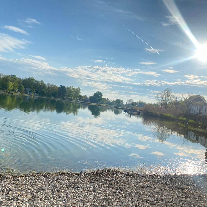 Ein ruhiger See mit sanften Wellen unter einem blauen Himmel mit Wolken und einer hellen Sonne. Bäume säumen das Ufer, mit Reflexionen im Wasser.