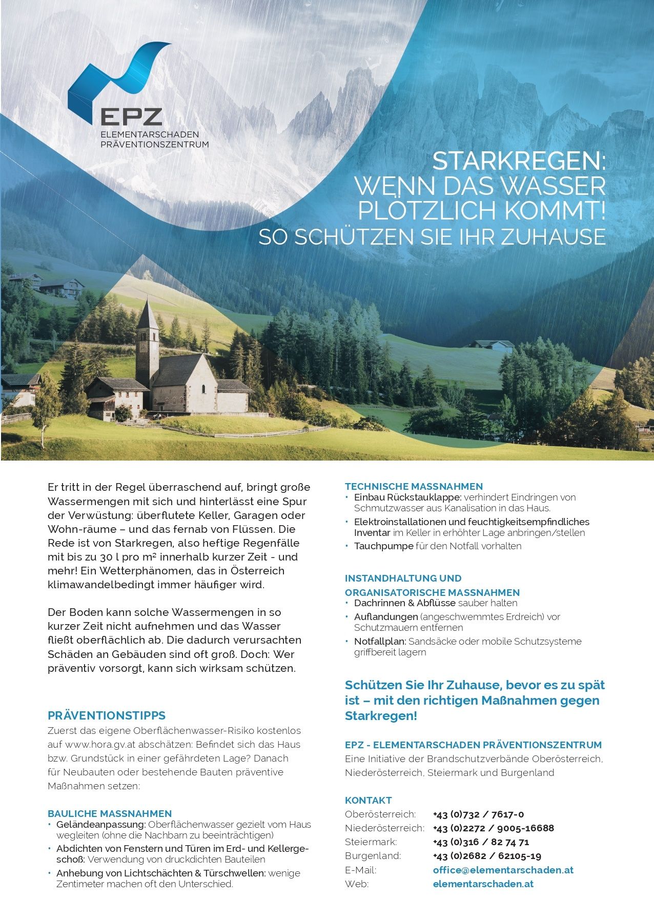Ein Plakat über Starkregen, das Hausbesitzer zum Schutz ermutigt. Es zeigt eine ländliche Landschaft mit einer Kirche und Bergen und betont die Dringlichkeit des Hausschutzes. Das Plakat beschreibt technische Maßnahmen wie wasserdichte Barrieren, Elektroinstallationen und Notfallpumpen. Es empfiehlt auch organisatorische Maßnahmen wie Entwässerung, Füllungen und Notfallpläne. Es wirbt für eine Präventionszentrum-Website mit weiteren Informationen.