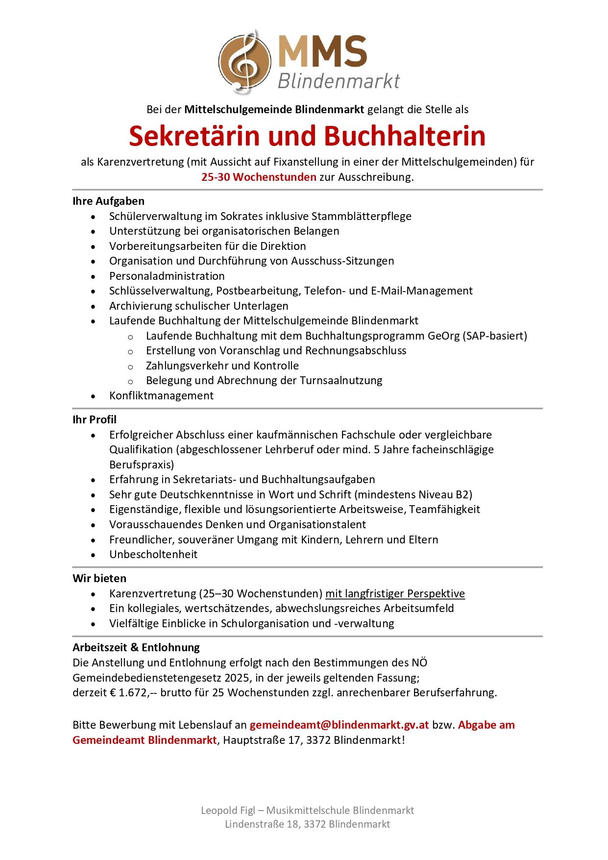 Stellenausschreibung für eine Sekretärin und Buchhalterin für eine Sonderschule. Aufgaben umfassen Schülerverwaltung, Unterstützung bei organisatorischen Belangen und Durchführung von Ausschuss-Sitzungen. Anforderungen: Abschluss einer kaufmännischen Fachschule, 5 Jahre Berufserfahrung und sehr gute Deutschkenntnisse. Die Stelle bietet Teilzeitarbeit und beinhaltet Sozialleistungen.