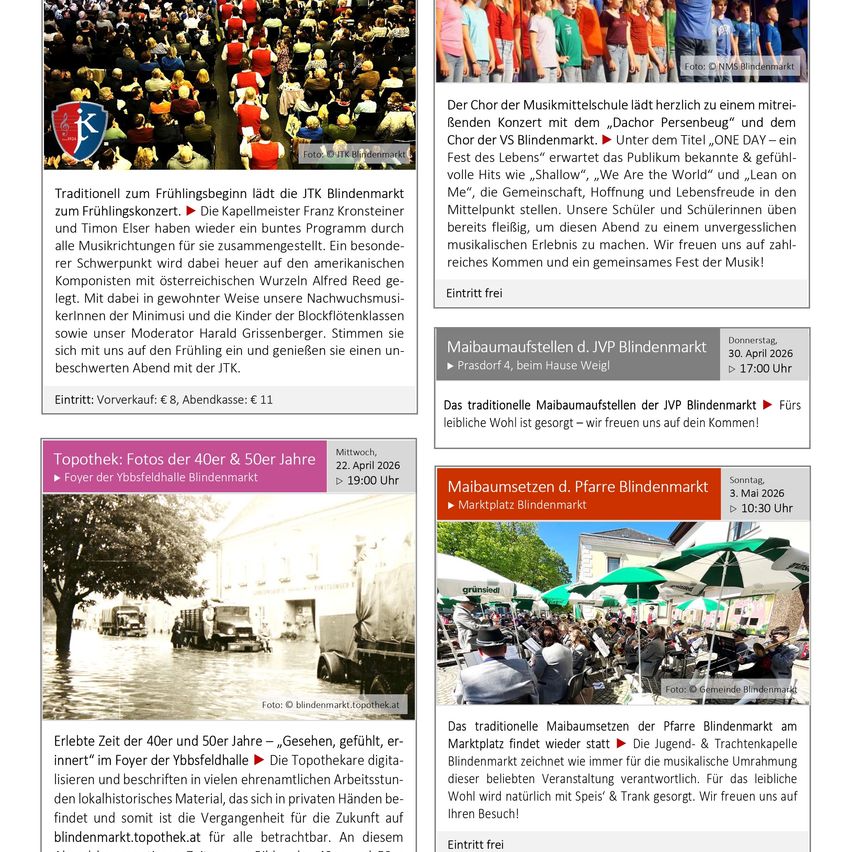 Der Chor der Musikmittelschule lädt herzlich zu einem mittleren Konzert mit dem „Chor Persenbeug“ und dem Chor der VS Blindenmarkt. Unter dem Titel „ONE DAY – ein Fest des Lebens“ erwartet das Publikum bekannte & gefühvolle Hits wie „Shallow“, „We Are the World“ und „Lean on Me“, die Gemeinschaft, Hoffnung und Lebensfreude in den Mittelpunkt stellen. Wir freuen uns auf zahlreich Kommen und ein gemeinsames Fest der Musik!