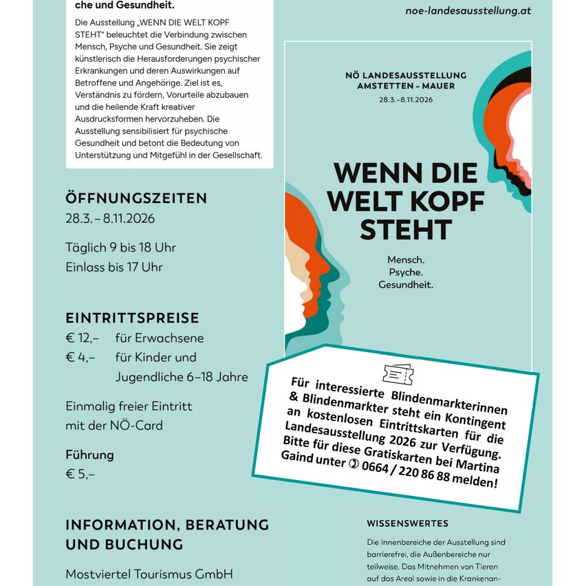 Ein Flyer für die Ausstellung 'Wenn die Welt Kopf Steht'. Es zeigt die Öffnungszeiten, Eintrittspreise und bietet freien Eintritt mit der NO-Card. Es enthält auch Informationen zum Thema der Ausstellung über die Beziehung zwischen Mensch, Psyche und Gesundheit.