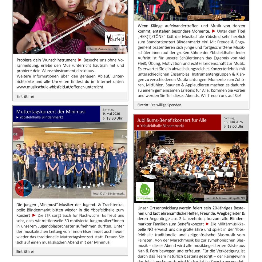 Die Musikschule Ybbsfeld veranstaltet einen Tag der offenen Tür für angehende Musiker. Probieren Sie Instrumente aus, erhalten Sie direkte Beratung und erkunden Sie Ihre Instrumentenwahl. Detaillierte Informationen finden Sie unter www.musikschule-ybbsfeld.at/offener-unterricht. Eintritt frei.