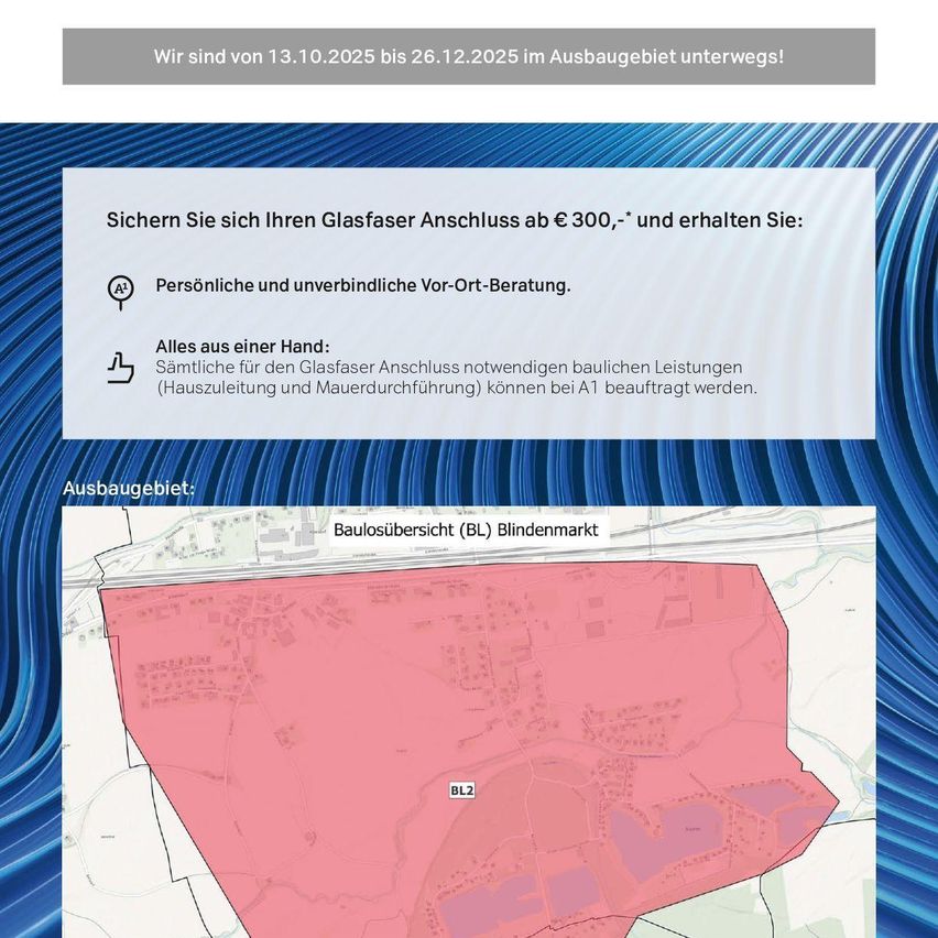 Eine Baustellenanzeige informiert über einen Zeitraum vom 13.10.2025 bis 26.12.2025. Es wird ein Glasfaseranschluss für 300 € angeboten, inklusive persönlicher Vor-Ort-Beratung. Leistungen umfassen Hausverkabelung und Mauerdurchführung. Eine Karte zeigt das Baustellengebiet an.
