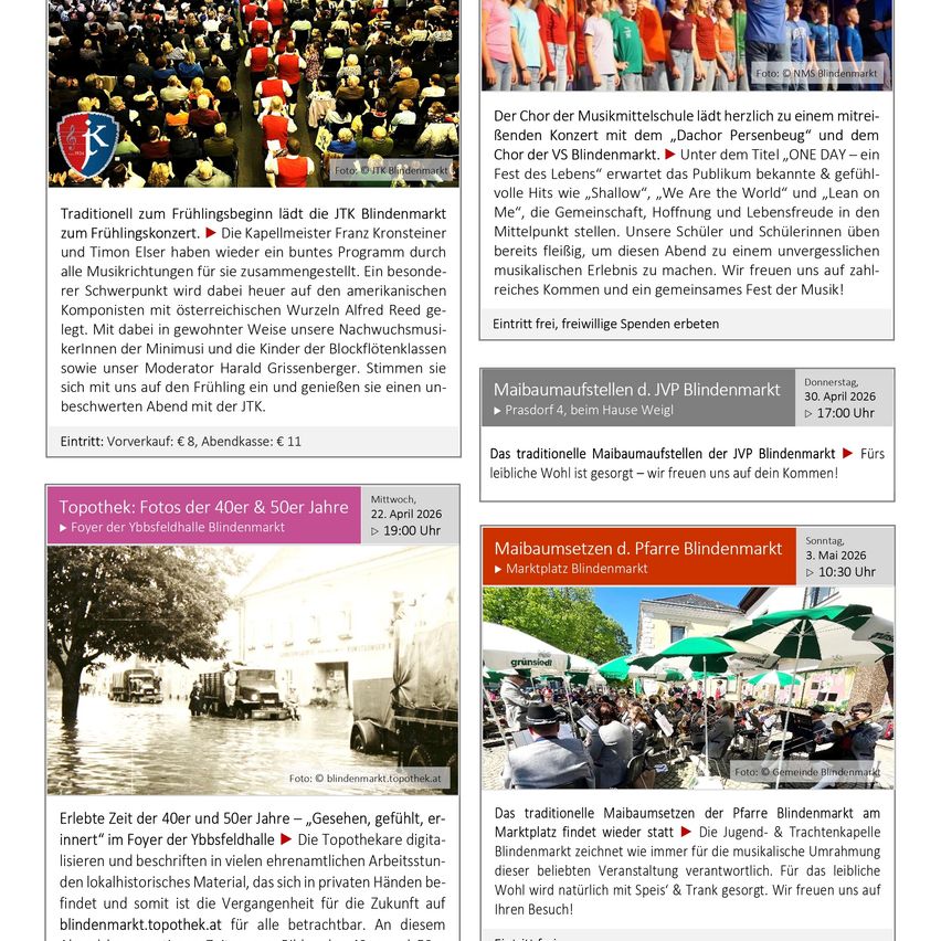 Traditioneller Frühlingsbeginn mit dem JTK Blindenmarktchor. Die Chorleiter Franz Kronsteiner und Timon Elser haben wieder ein buntes Programm durch alle Musikrichtungen für das zustandegekommene Publikum zusammengestellt. Der Schwerpunkt liegt diesmal auf den amerikanischen Komponisten mit österreichischen Wurzeln. Geniessen Sie einen musikalischen Abend mit dem Chor, Kindern der Blockflötenklasse, unserem Moderator Harald Grissenberger.