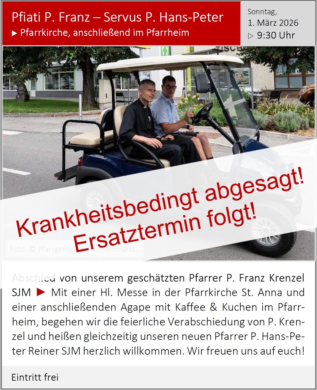 Zwei Männer fahren auf einem blauen Golfcart an einem sonnigen Tag. Der Wagen hat ein weißes und blaues Farbschema. Der Textüberlagerung lautet 'Krankheitsbedingt abgesagt! Ersatztermin folgt!' Es gibt einen roten Banner mit weißem Text.