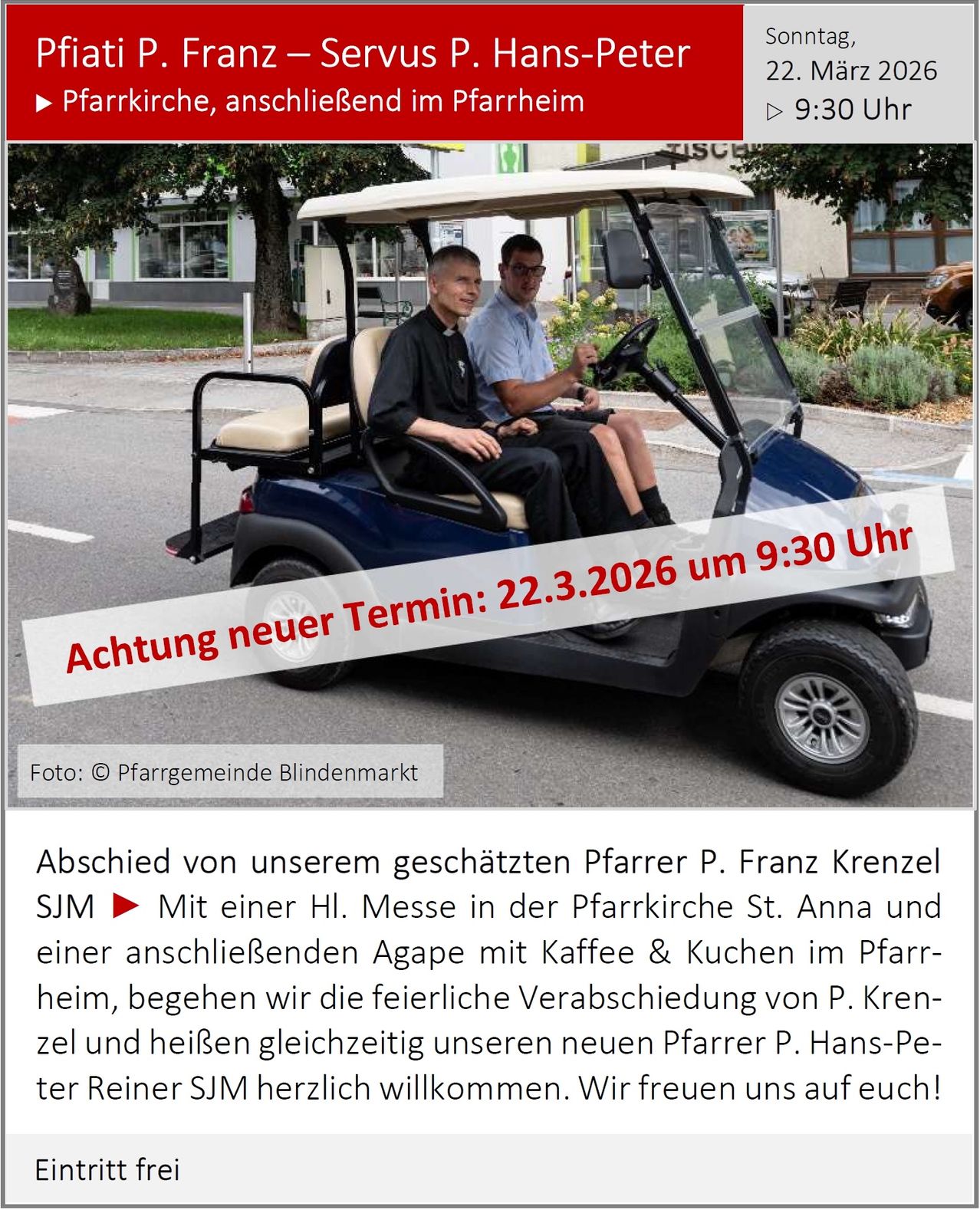 Zwei Männer in einem Golfcart, einer fährt, der andere sitzt neben ihm, in der Nähe einer Kirche. Eine Verabschiedungsveranstaltung für den 22. März 2026 um 9:30 Uhr wird angekündigt.