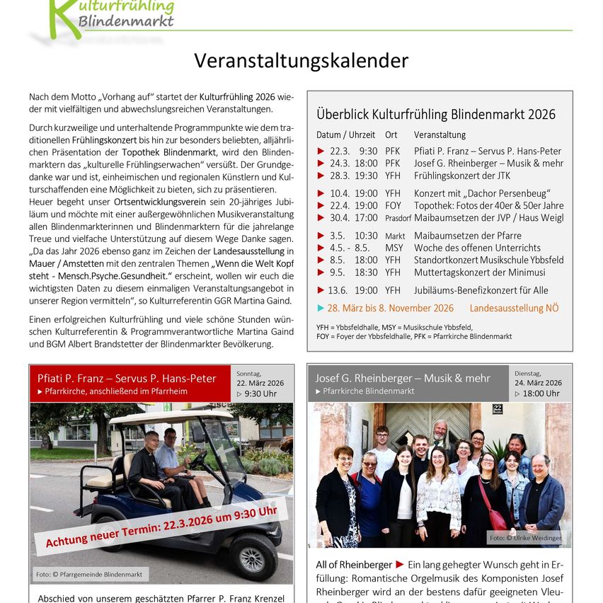 Veranstaltungskalender für die kulturelle Freude am Blindenmarkt im Jahr 2026. Ein Zeitplan mit verschiedenen und wechselnden Veranstaltungen. Verschiedene Konzerte und Präsentationen einschließlich des traditionellen Frühlingskonzerts. Fotos von Teilnehmern der Veranstaltung.