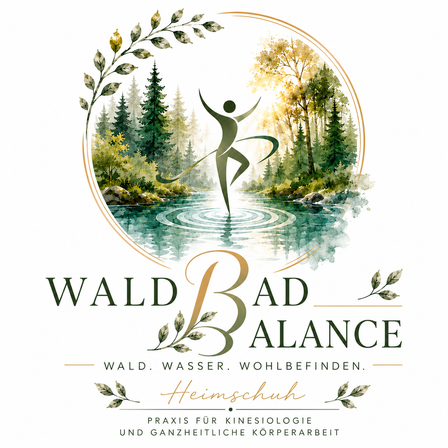 Ein Logo für Wald Bad Balance, das eine Person in einem Wald mit einem ruhigen See und Bäumen zeigt. Der Text lautet 'Wald. Wasser. Wohlbefinden.' und 'Heimschuh' mit Fokus auf Kinesiologie und ganzheitliche Körperarbeit.