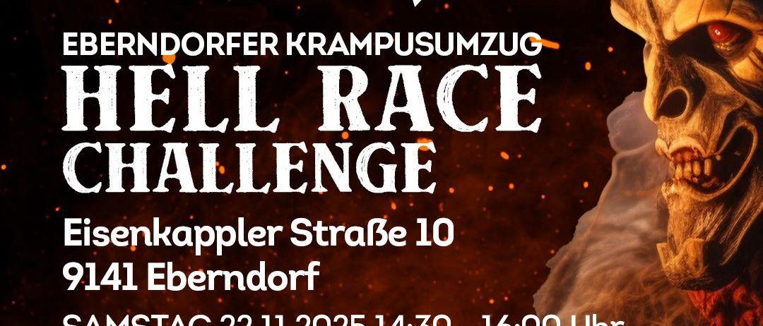 Plakat für die Hell Race Challenge Veranstaltung in Eberndorf. Zeigt eine dämonische Figur und Details zur Veranstaltung.