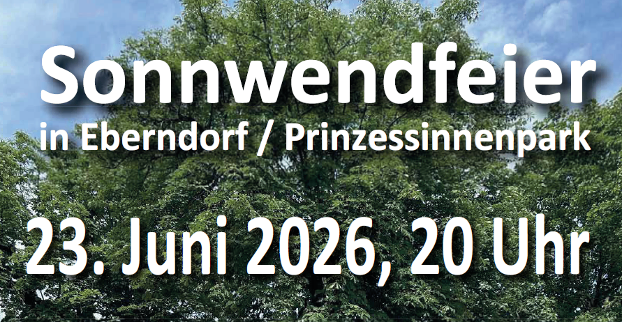 Plakat für das Sonnenwendefest in Eberndorf/Prinzessinnengarten, geplant für den 3. Juni 2026 um 20:00 Uhr.