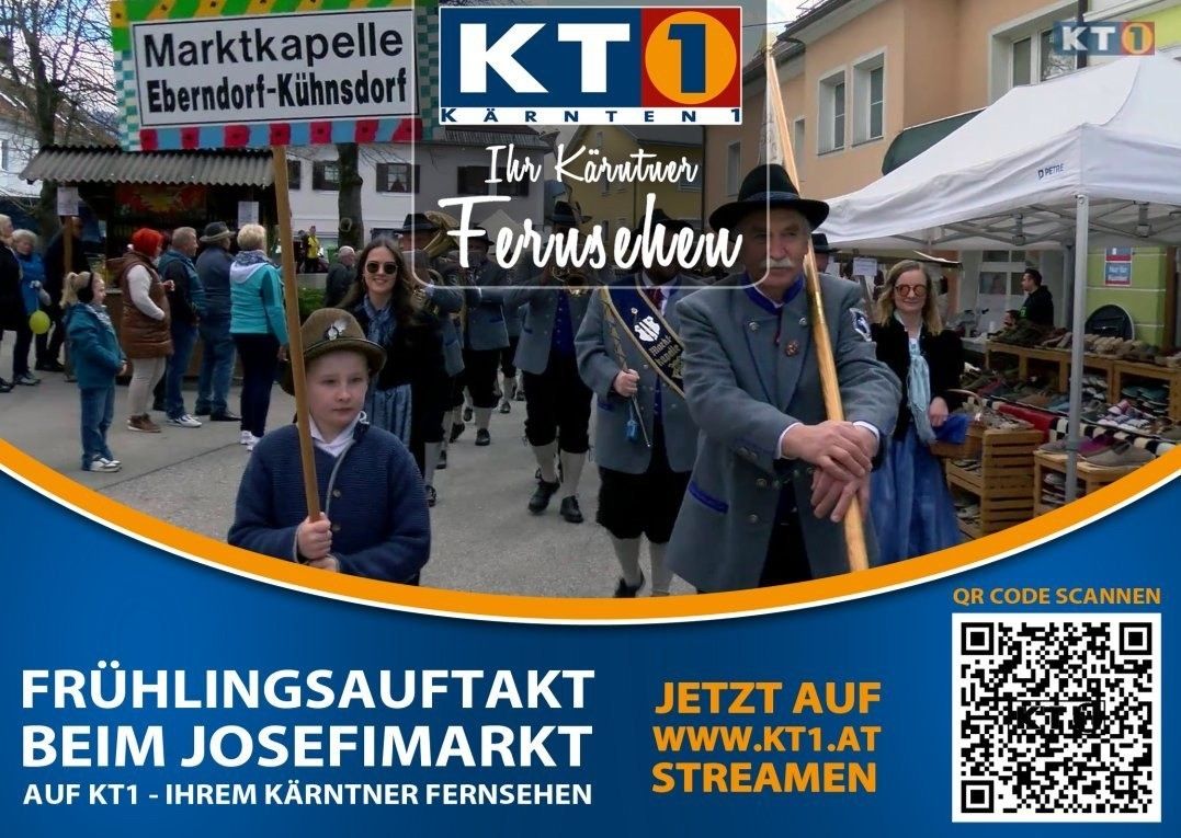 Ein Werbebild für KT1 zeigt eine Prozession mit traditioneller Kleidung, Bannern und einem QR-Code-Link zu einer Streaming-Veranstaltung.