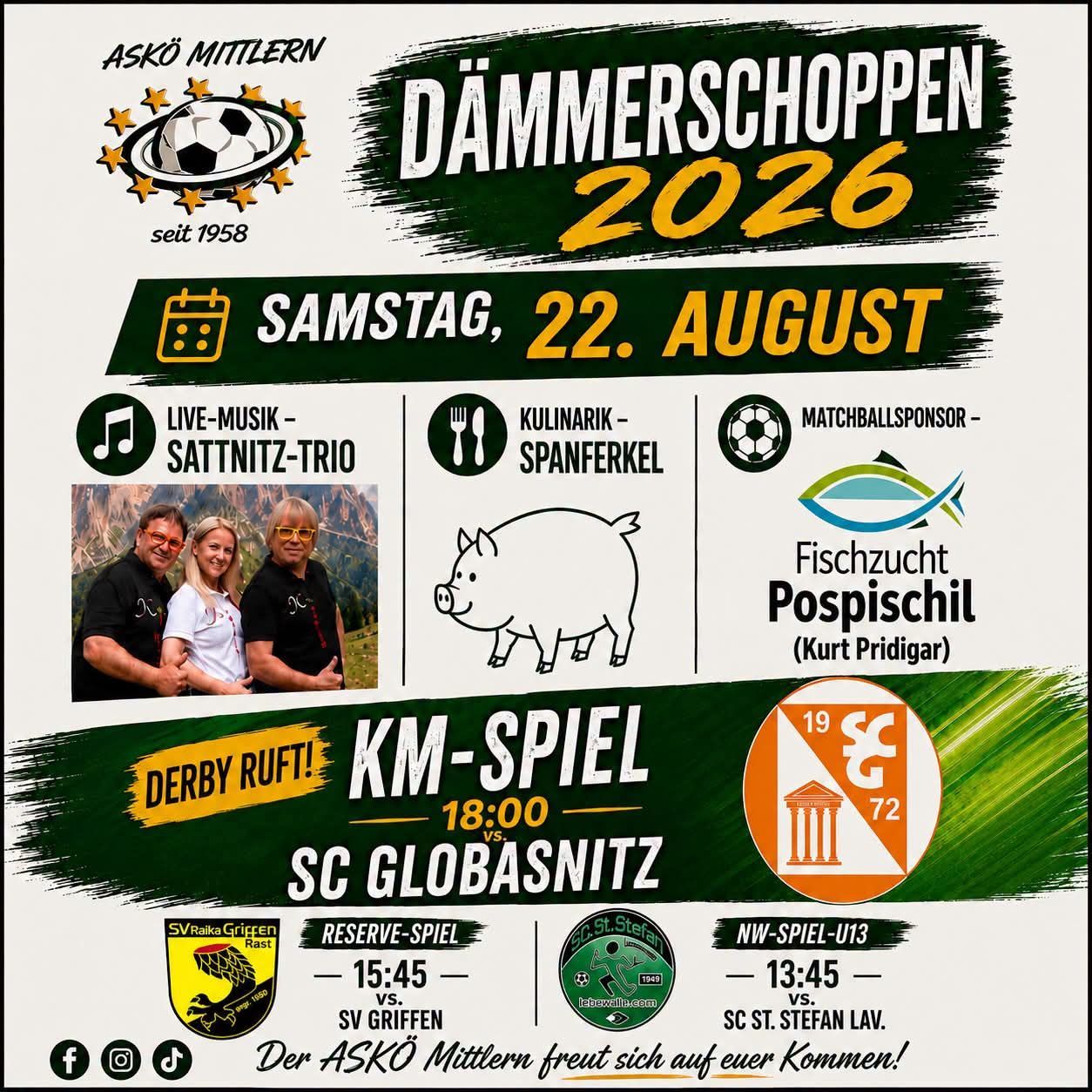 Plakat für ein Fußballevent im Jahr 2026 mit einem Fußballspiel, Live-Musik, Essen und einem Sponsor. Das Plakat zeigt ein Schwein, einen Fußball und eine Gruppe von Menschen.