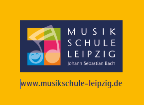 Das Logo für die Musikschule Leipzig, Johann Sebastian Bach. Die Website lautet www.musikschule-leipzig.de.