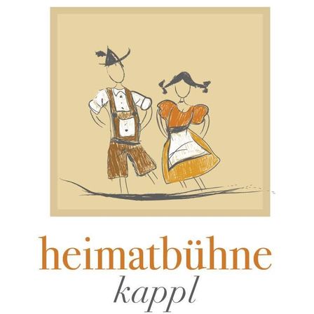 Eine handgezeichnete Illustration eines Mannes und einer Frau in traditioneller bayerischer Kleidung, die nebeneinander stehen. Das Bild ist vor einem beigefarbenen Hintergrund mit dem Text 'heimatbühne kappl' darunter.