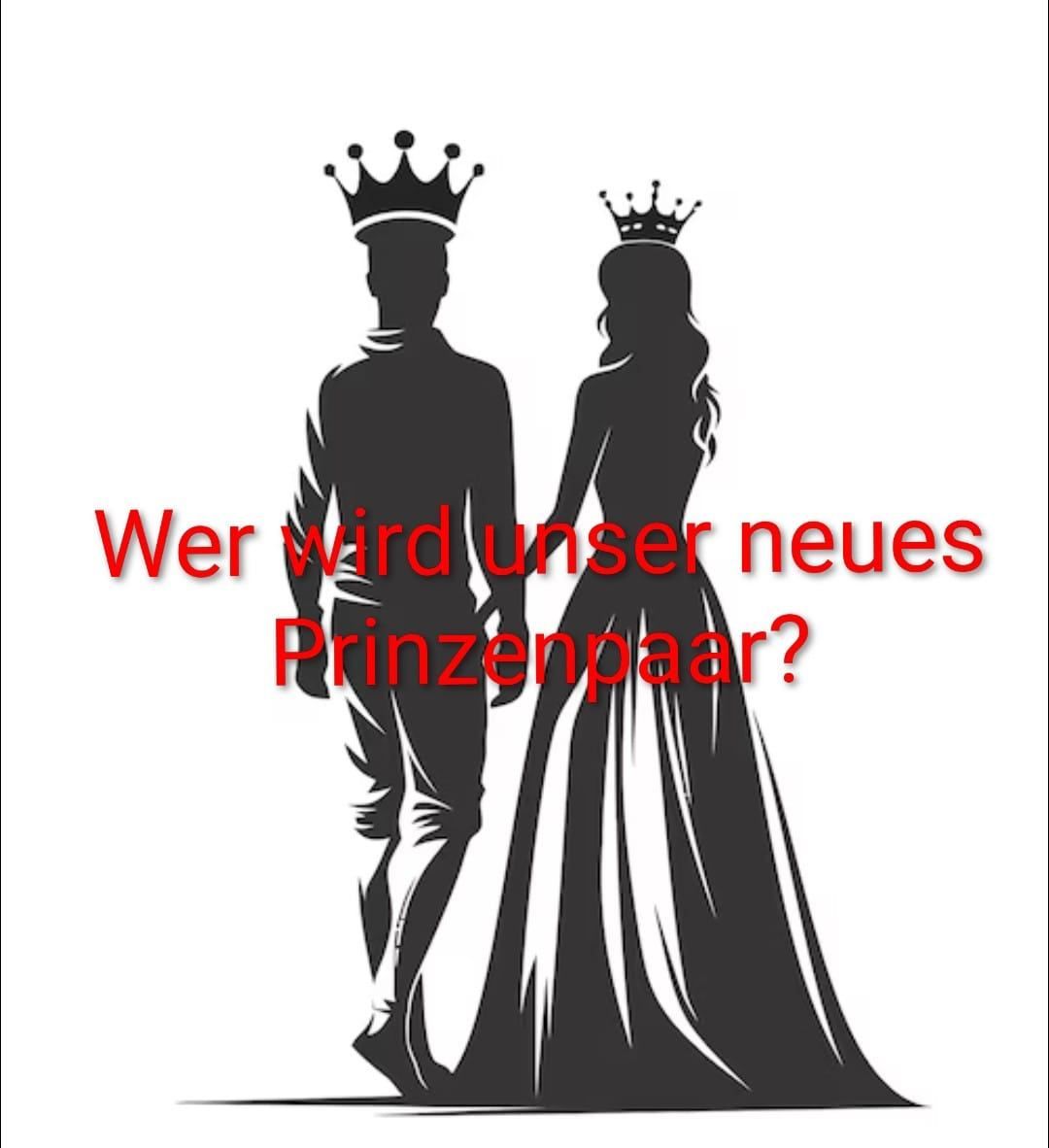 A silhouette of a man and a woman holding hands with a question in red asking who will be the new prince and princess.