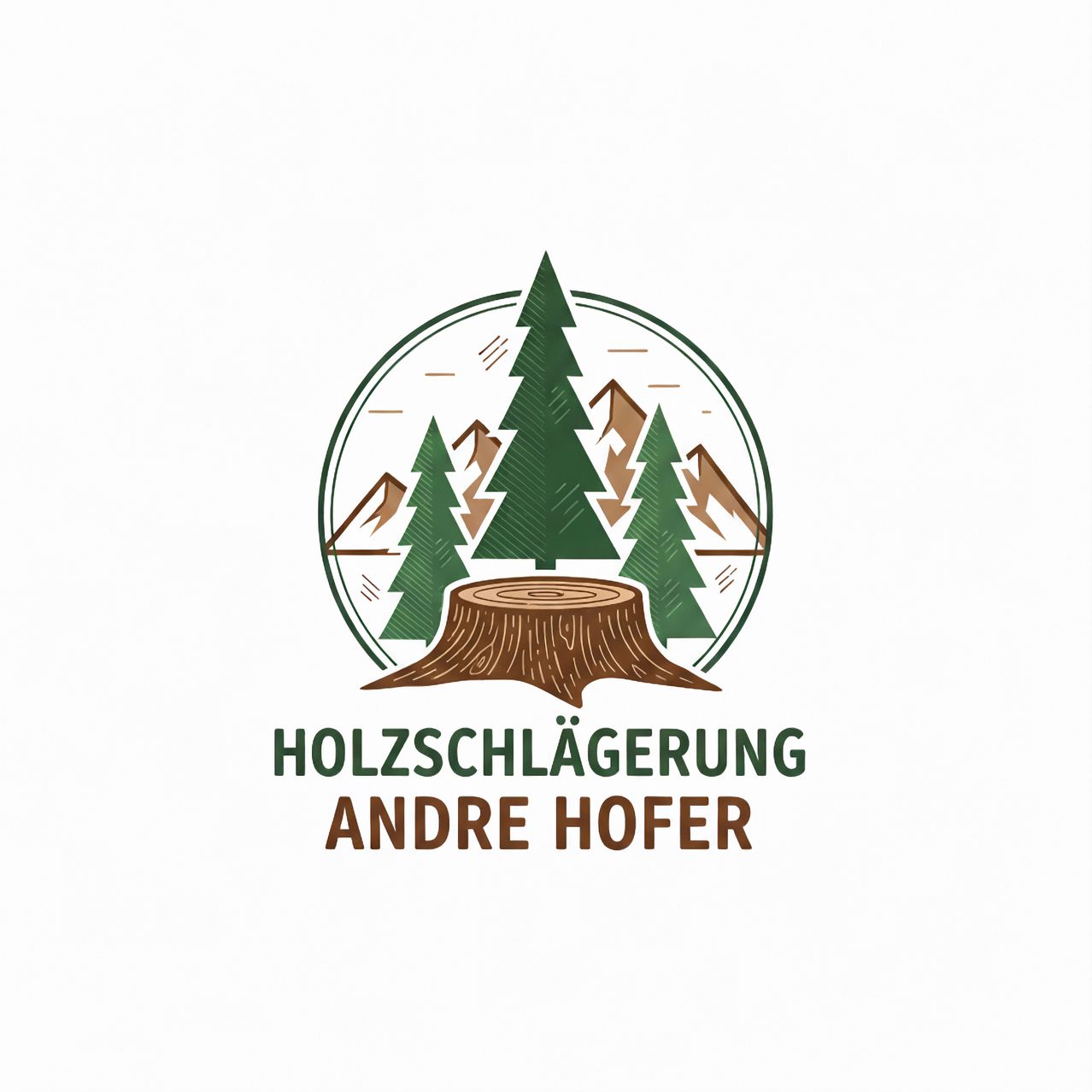 Ein Logo für Holzschlagerung Andre Hofer mit einem Baumstumpf und Tannenbäumen in einem Kreis mit Berghintergrund.