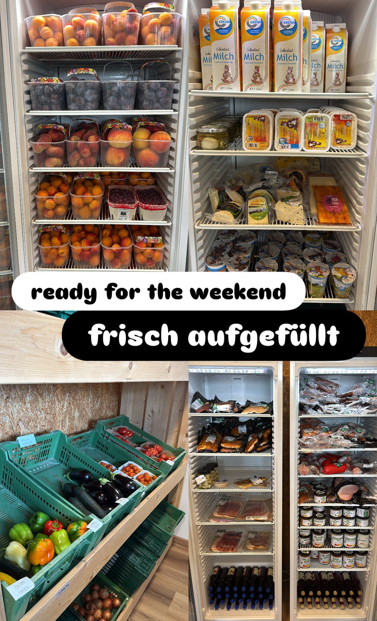 Ein Kühlschrank gefüllt mit verschiedenen Lebensmitteln, einschließlich Obst, Gemüse und verpackten Waren, bereit für das Wochenende. Die Bildunterschrift lautet 'ready for the weekend' und 'frisch aufgefüllt'.