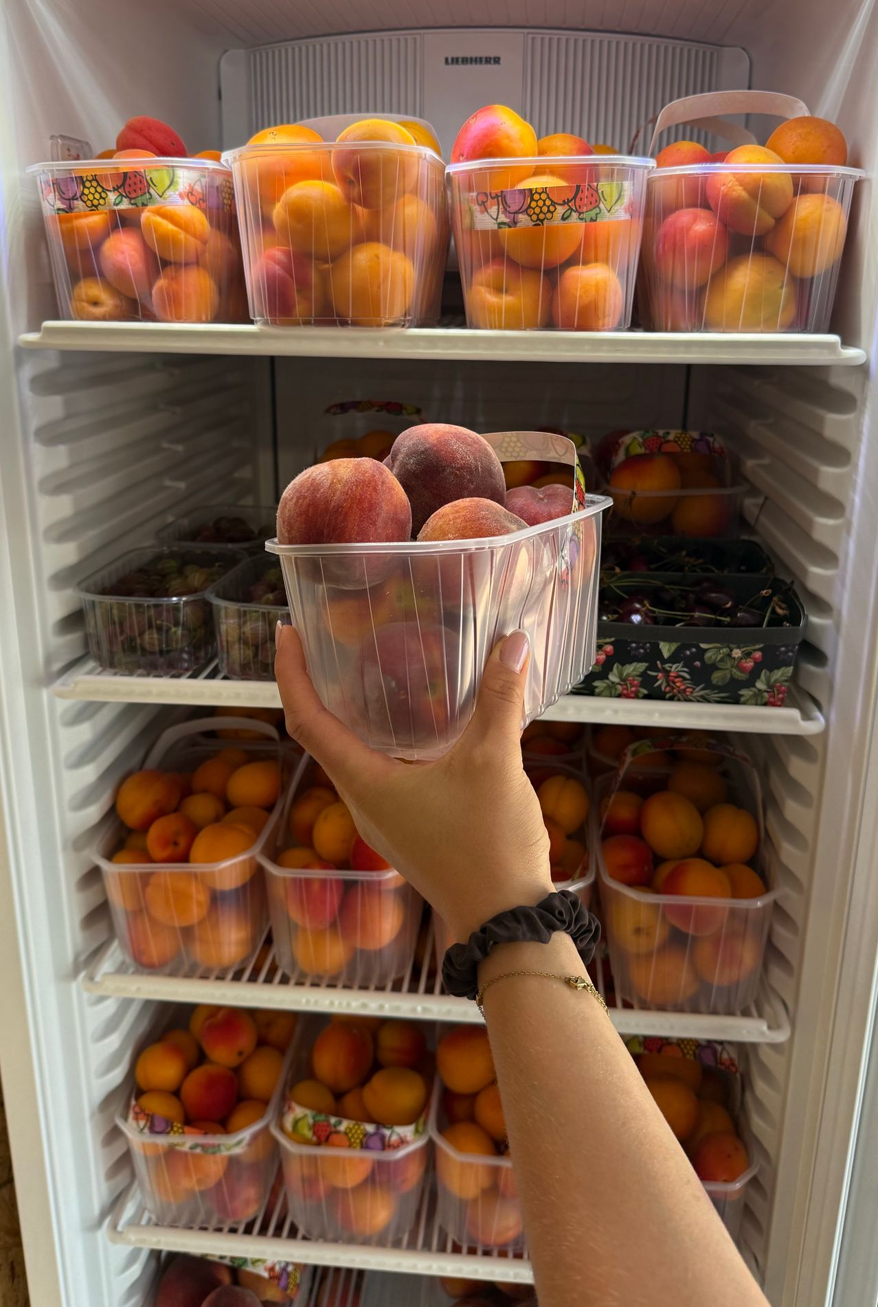A hand holding a container of peaches in a refrigerator with multiple shelves of fruits.
