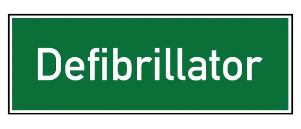 Ein grünes Schild mit weißem Text, der 'Defibrillator' lautet. Das Schild hat einen weißen Hintergrund.