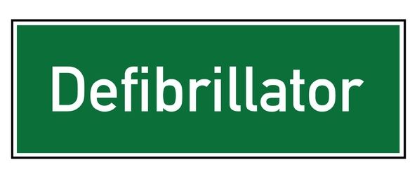 Ein grünes Schild mit weißem Text, der 'Defibrillator' lautet. Das Schild hat einen weißen Hintergrund.