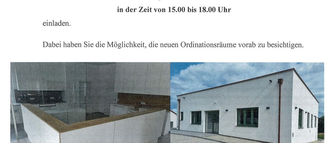 Einladung von Dr. Gerald Koller und der Gemeinde Grafenschachen zur Besichtigung der neuen Ordinationsräume in 7423 Grafenschachen 443 am Freitag, 27. Juni 2025, von 15:00 bis 18:00 Uhr. Besucher können die neuen Ordinationsräume vorab besichtigen. Fotos zeigen Innen- und Außenansichten der neuen Einrichtungen. Vorbereitungen für Ordinationen beginnen am 1. Juli 2025.