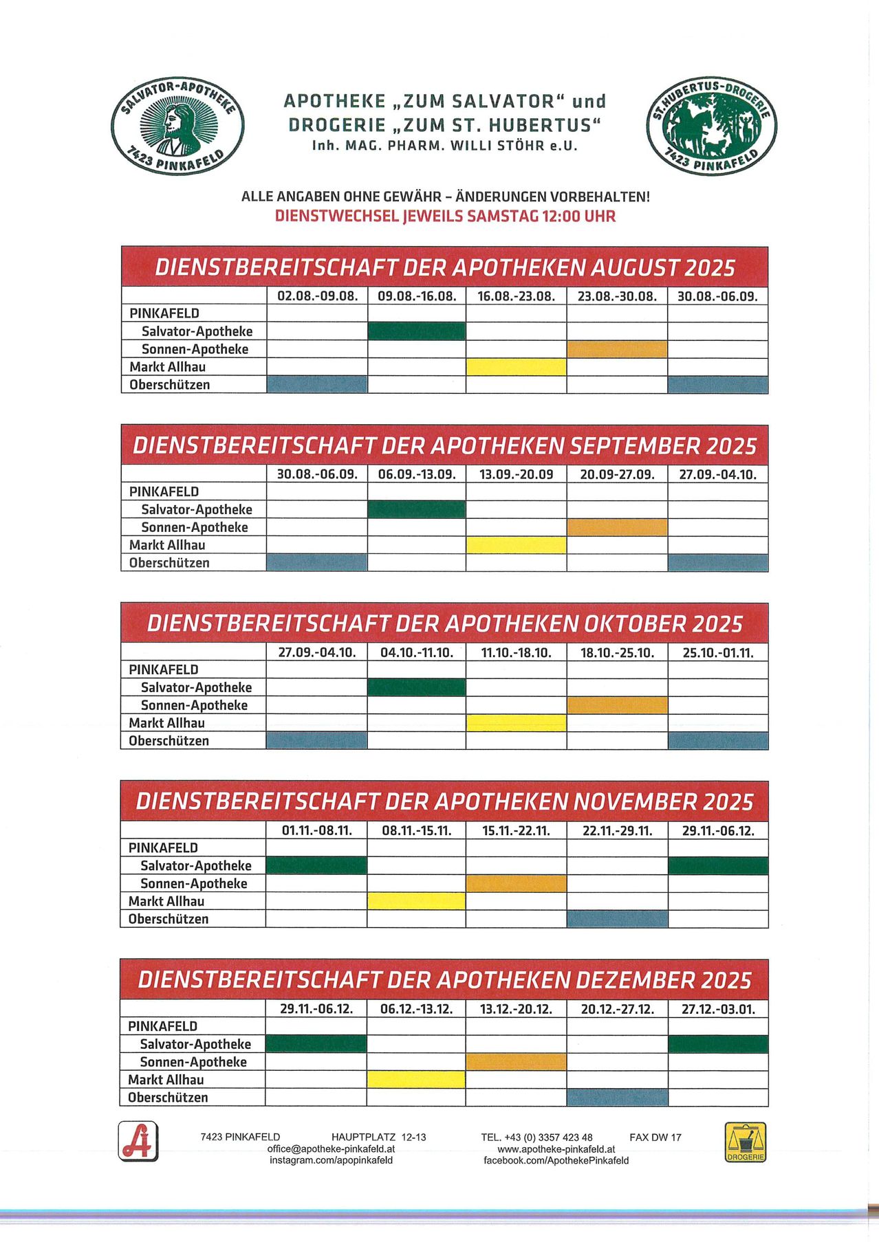 Das Bild zeigt eine Tabelle mit den Öffnungszeiten verschiedener Apotheken für August, September, Oktober, November und Dezember 2025. Jeder Monat hat einen anderen Zeitplan mit bestimmten Daten hervorgehoben.