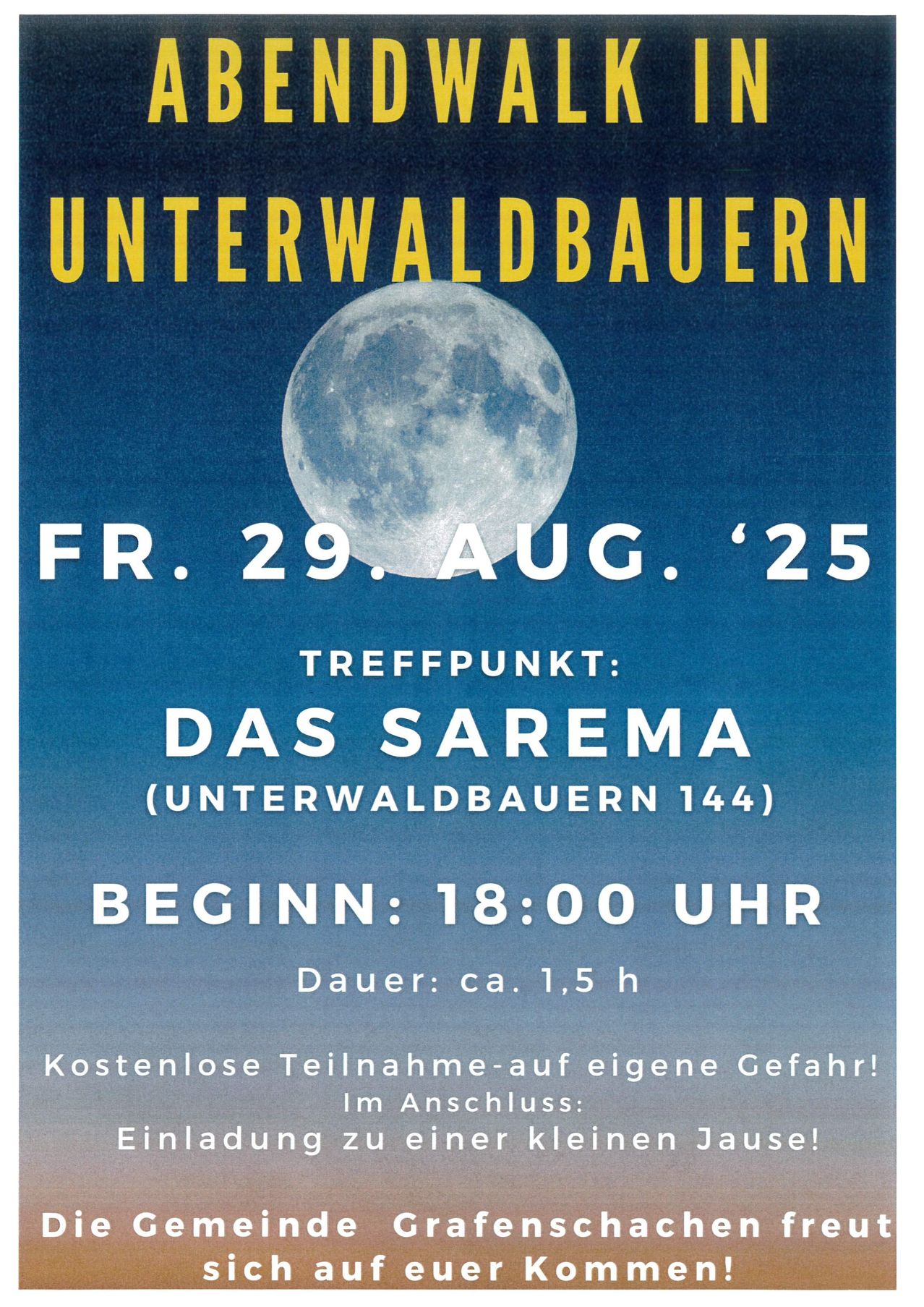 Ein Plakat bewirbt eine Versammlung bei Unterwaldbauern am Freitag, 29. August 2025, um 18:00. Die Versammlung findet in Das Sarema, Unterwaldbauern 144 statt. Die Dauer beträgt etwa 1,5 Stunden. Die Teilnahme ist kostenlos.